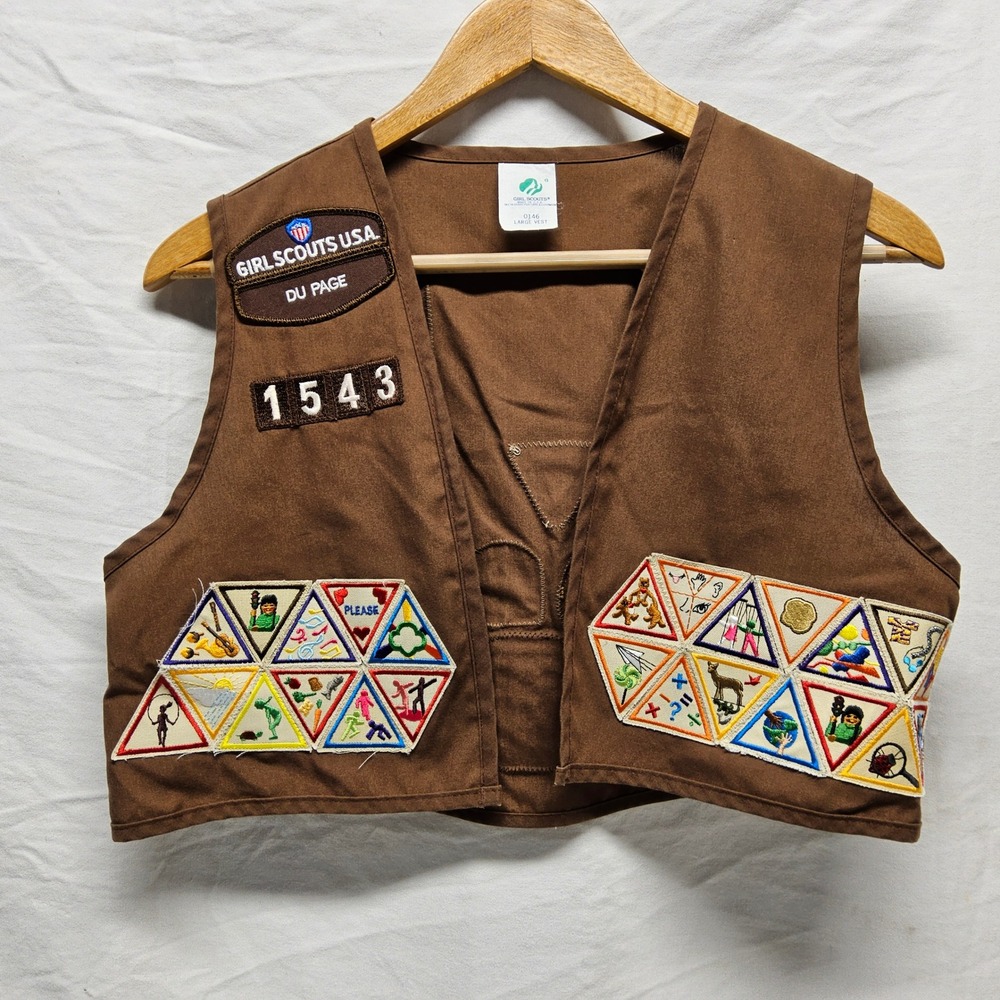 Vintage Girl Scouts USA Junior Loaded Patch Vest‎ Size Large DuPage Troop 1543